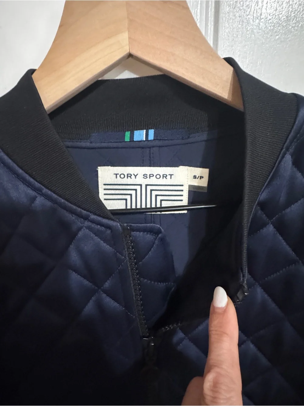 Tory Burch Sport Quilted Bomber Jacket Satin Blue Size Small